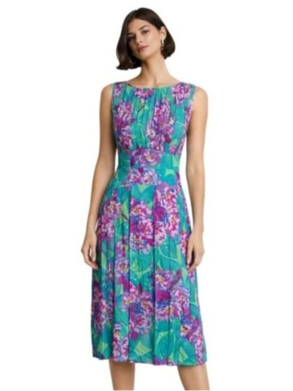 Kay Unger Purple & Teal Floral Pleated A-Line Sleeveless Fit & Flare Midi Dress